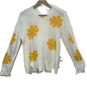 Hazel Moon Daisy Print Sweater Hood  Woman Medium Distressed  Long Sleeve Retro